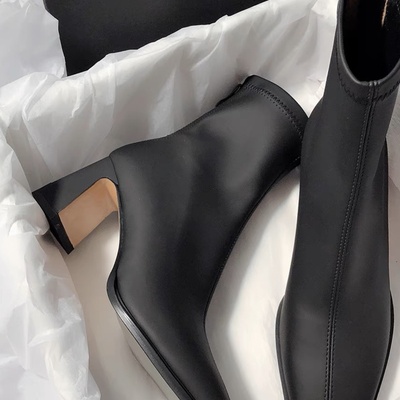 法式真皮高跟鞋女2025秋冬季新款方头粗跟弹力瘦瘦靴气质百搭短靴