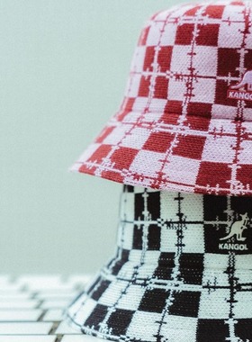 袋鼠KANGOL Baebed Check新款复古格纹织花遮阳平顶渔夫帽子男女