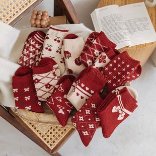 羊毛袜亲子女款 冬季 时尚 韩版 加厚女袜棉袜 保暖袜子大红新年款