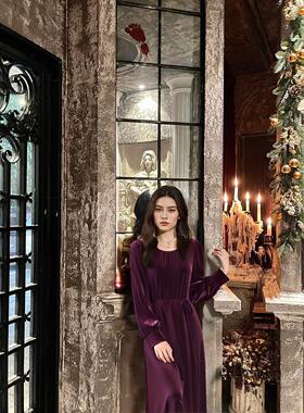 RL法式轻奢灯笼袖显瘦丝绒连衣裙腰带系带收腰超长裙子长袖裙大码