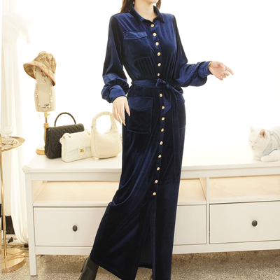 通勤知性丝绒超长连衣裙高个大码