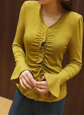 RL慕斯羊绒针织衫遮肉上衣修身显瘦荷叶边小衫长袖打底衫内搭大码