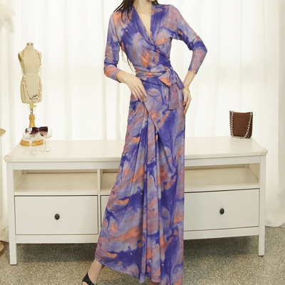 假围裹系带长袖网纱大摆裙大码女