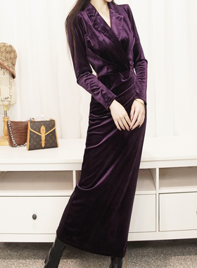 RL2026秋冬加厚金丝绒加长款连衣裙高智感气质修身显瘦西装领大码