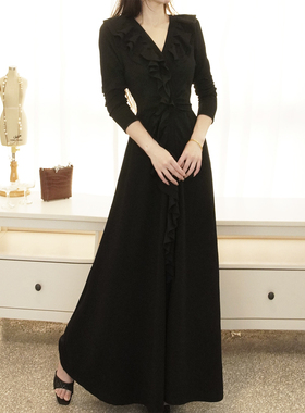 RL2025秋季亮丝针织波浪荷叶边大摆超长连衣裙高个巨显瘦有大码女