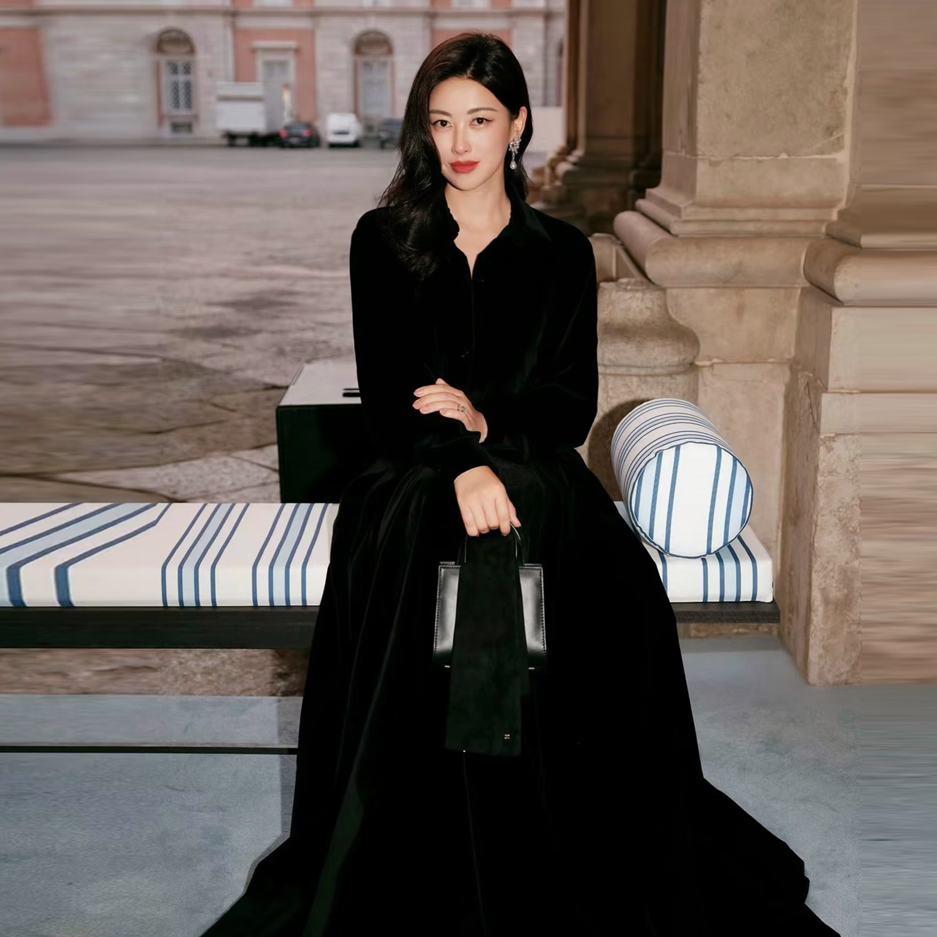 RL秋冬新朱珠同款气质女神加厚金丝绒大摆翻领连衣裙高个超长大码