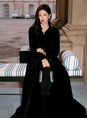 RL秋冬新朱珠同款气质女神加厚金丝绒大摆翻领连衣裙高个超长大码