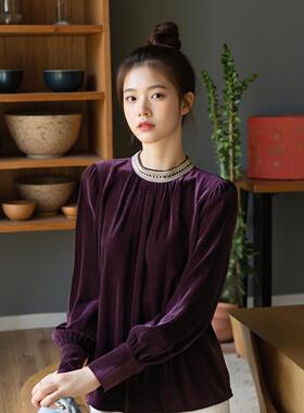 RL法式轻奢钻饰立领宽松显瘦灯笼袖衬衫衬衣丝绒上衣打底衫内搭女