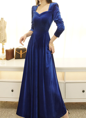 RL秋冬法式宫廷风金丝绒大摆钻石领连衣裙显瘦遮肉高个超长裙大码