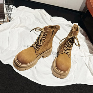 靴ins风短靴女靴 工装 韩国单 粗高跟真皮系带马丁靴女2025秋冬新款