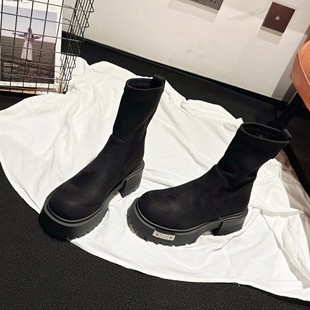 靴 显瘦短靴ins风时装 韩国单 粗高跟微弹力绒瘦瘦靴女2025秋冬新款