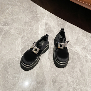 金丝绒水钻厚底增高乐福鞋 单鞋 女2024秋新款 时尚 深口女鞋 网红ins