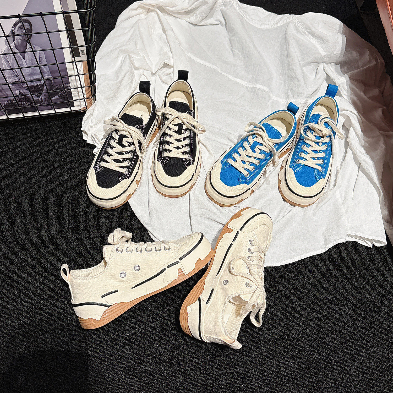 网红ins~小厚底增高低帮帆布鞋女2025新款休闲鞋复古球鞋学生女鞋