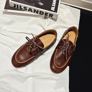 深口圆头单鞋 英伦jk风小皮鞋 高级感擦色平跟帆船乐福鞋 头层牛皮