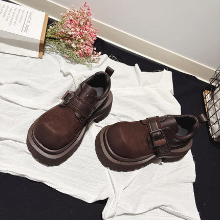 7CM增高~厚底真皮皮带扣翘头乐福鞋女春英伦小皮鞋配堆堆袜德比鞋