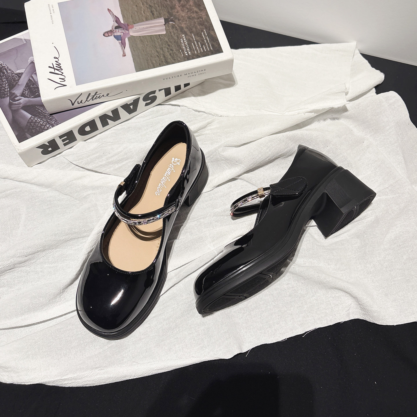 5CM~水钻漆皮魔术贴粗跟玛丽珍鞋春新款法式高跟鞋温柔浅口仙女鞋,女鞋,玛丽珍鞋,淘宝优惠券,粉丝福利购,淘宝优惠卷