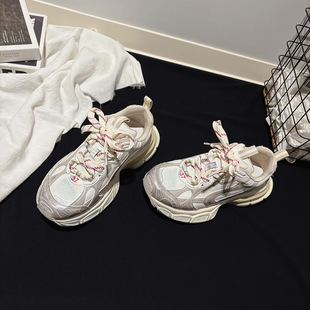 ins风休闲鞋 5CM增高 时尚 女甜酷风运动鞋 厚底亮片擦色做旧老爹鞋