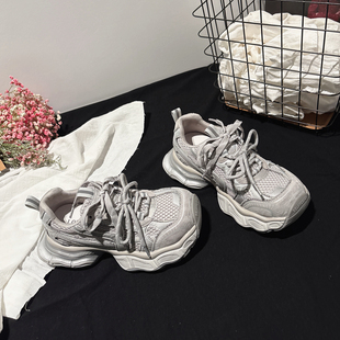 厚底真皮双鞋 甜酷风运动鞋 带老爹鞋 银色休闲鞋 女 女春新款 5CM增高