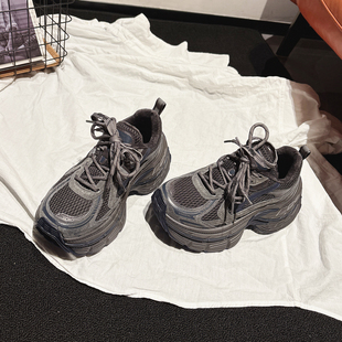 暗黑ins运动鞋 女甜酷风休闲鞋 女 真皮加绒厚底机甲老爹鞋 6CM增高