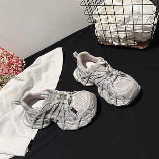 厚底真皮走秀款 甜酷运动鞋 绑带老爹鞋 一脚蹬休闲鞋 女春款 5CM增高