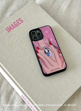 mokastudios小众可爱创意手绘少女适用于苹果iphone14promax黑边全包手机壳15promax保护套13个性防摔ins风