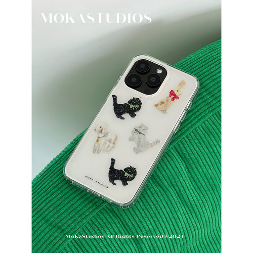 MokaStudios新款可爱动物元素适用于苹果iphone15promax双层软边IMD亮面全包手机壳14promax保护套防摔13pro