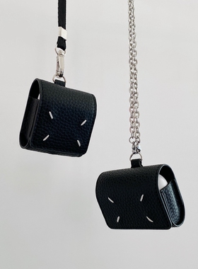 MOKASTUDIOS自制创意简约黑色缝线耳机保护皮套适用于苹果airpodspro234代链条可斜挎挂脖软壳防摔个性时髦