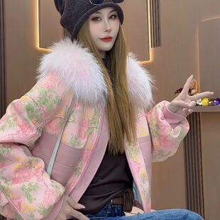 时尚轻奢毛毛领印花短款撞色口袋皮衣女甜美樱花少女减龄洋气外套