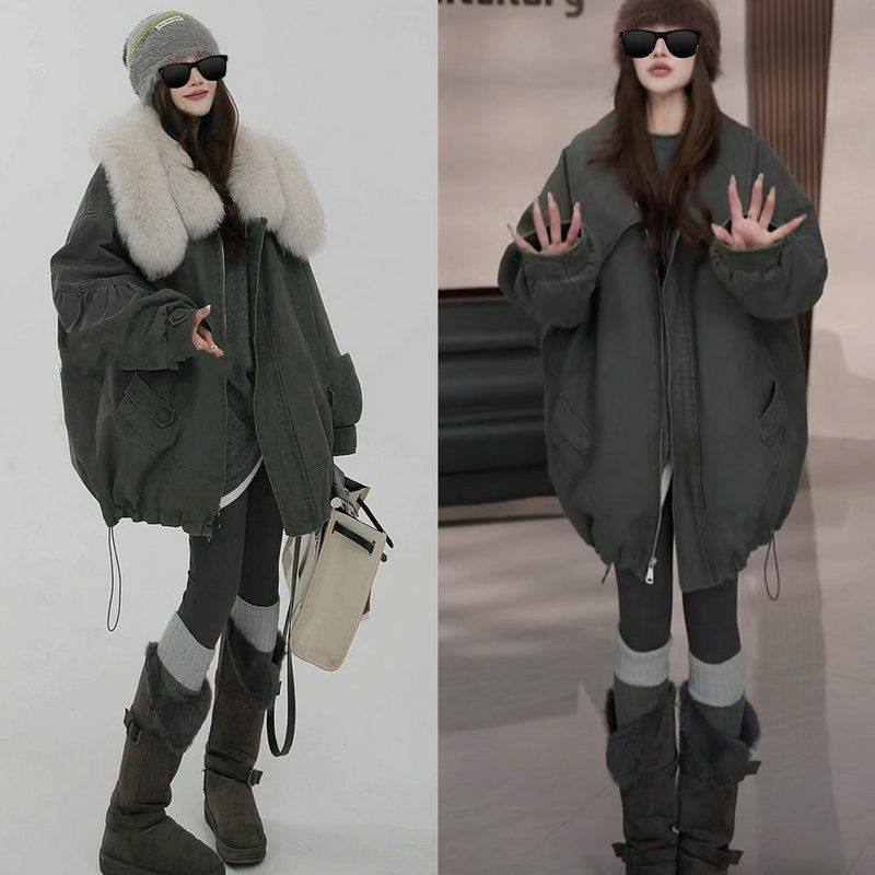 冬季韩版高级感宽松女装仿狐狸毛领中长款派克服通勤风工装风外套,女装/女士精品,派克服,淘宝优惠券,粉丝福利购,淘宝优惠卷