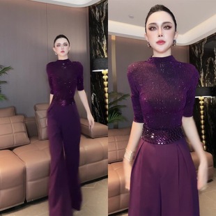 气质名媛设计感亮闪闪上衣阔腿裤两件套修身显瘦常规款时尚套装潮