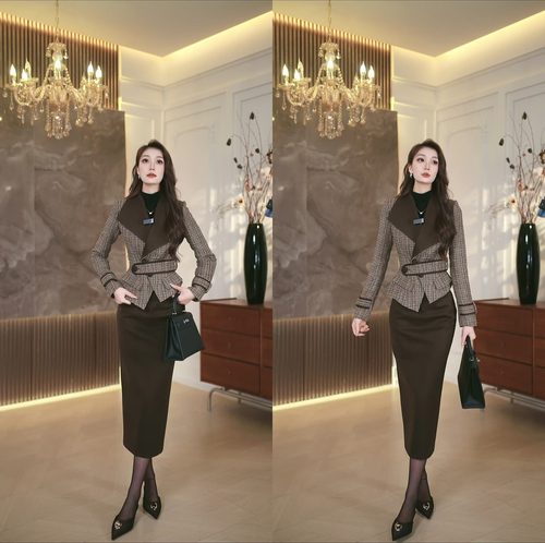 时尚翻领上衣半身裙设计感两件套