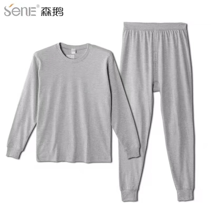 森鹅中老年男士纯棉内衣套 圆领爸妈秋衣裤中领套头全棉宽松衬裤