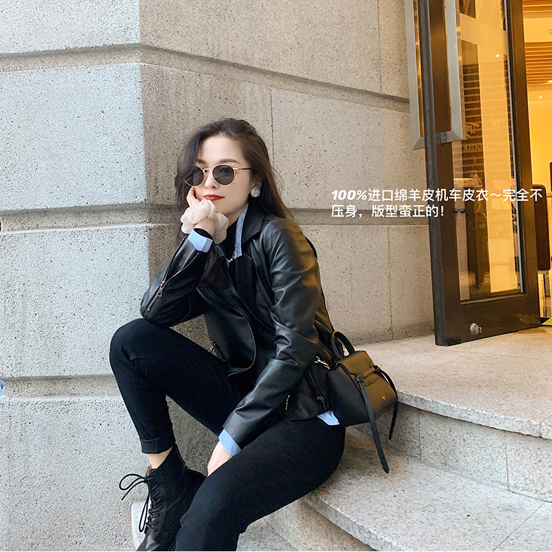 南瓜谷 jin口新西兰绵羊皮~ 皮衣外套女秋冬机车短款夹克 PY0003