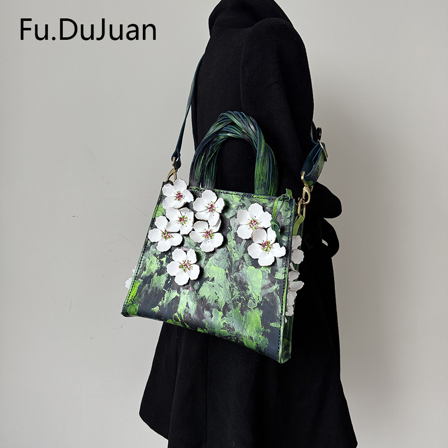 【春意】Fu.DuJuan 优雅花朵包包 手工植鞣艺术 手提斜挎包绿色包