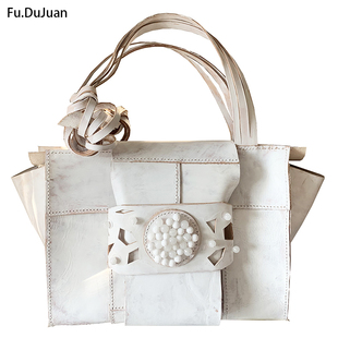 手工包 Fu.DuJuan艺术包原创大容量 玉珠拼接包 牛皮 白色单肩包