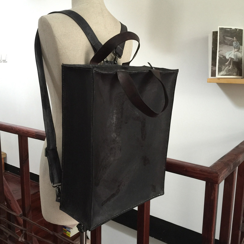 Fu.DuJuan设计师 原创双拉链男士手提 双肩包 头层牛皮包 烟灰墨