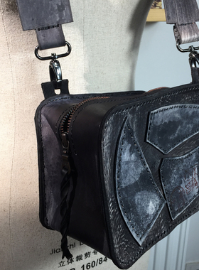 Fu.DuJuan 原创艺术包 手绘包 文艺复古包 做旧灰色 宽带斜挎包