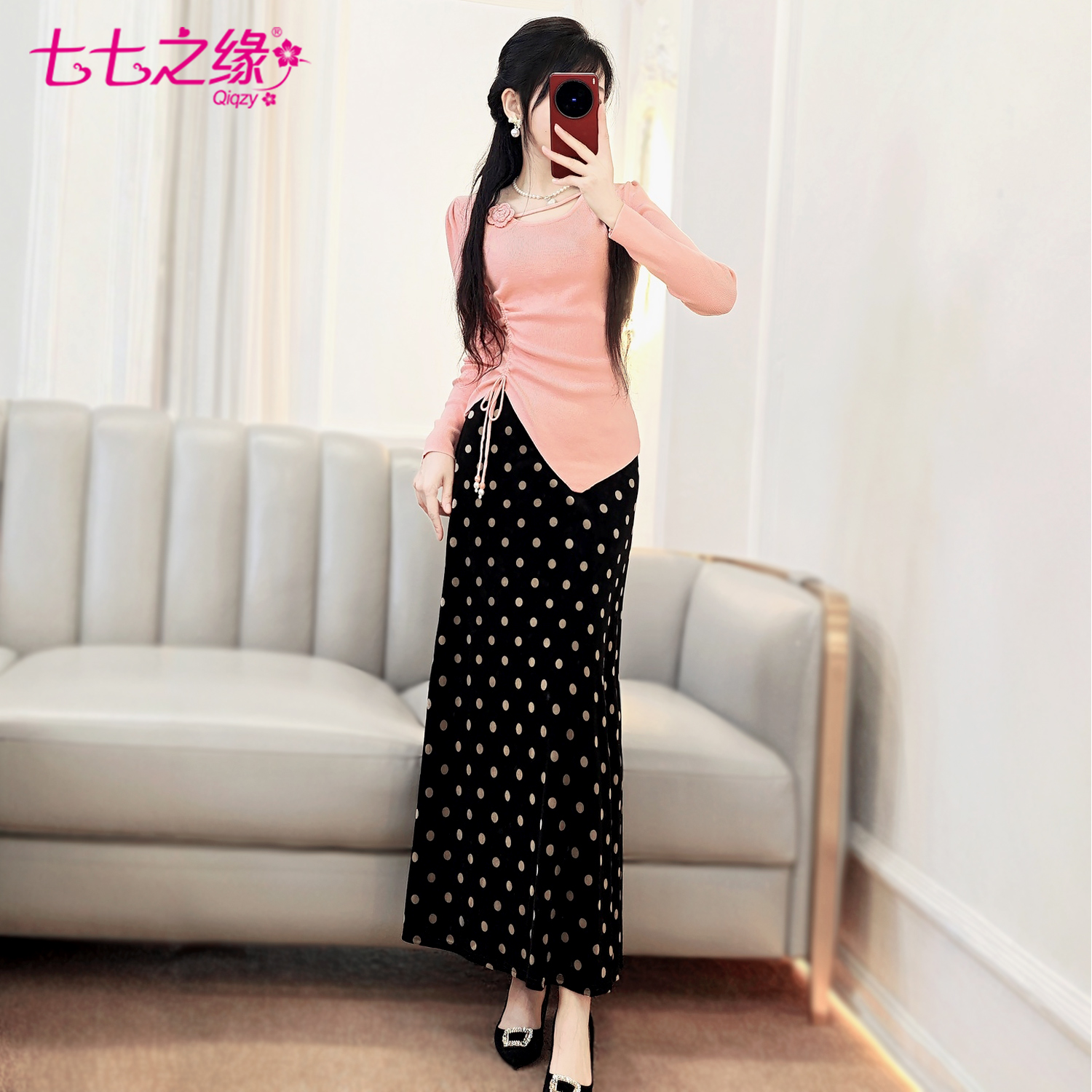 秋季新款编织圆点半身长裙显瘦