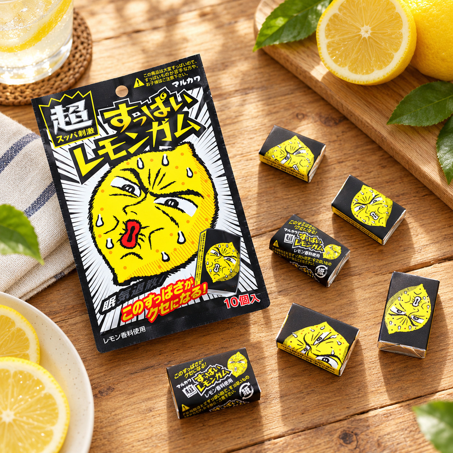 日本进口零食丸川超酸柠檬味口香糖味劲酸泡泡糖果梅子糖袋装