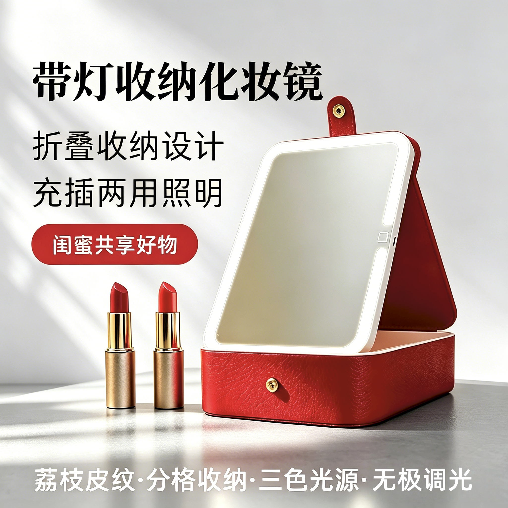 化妆镜红色可折叠梳妆镜带灯收纳盒一体新婚结婚陪嫁镜子桌面台式