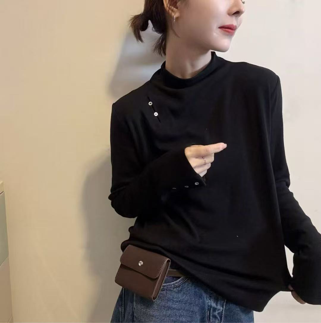 31019-1/设计感纽扣半高领加绒打底衫-is