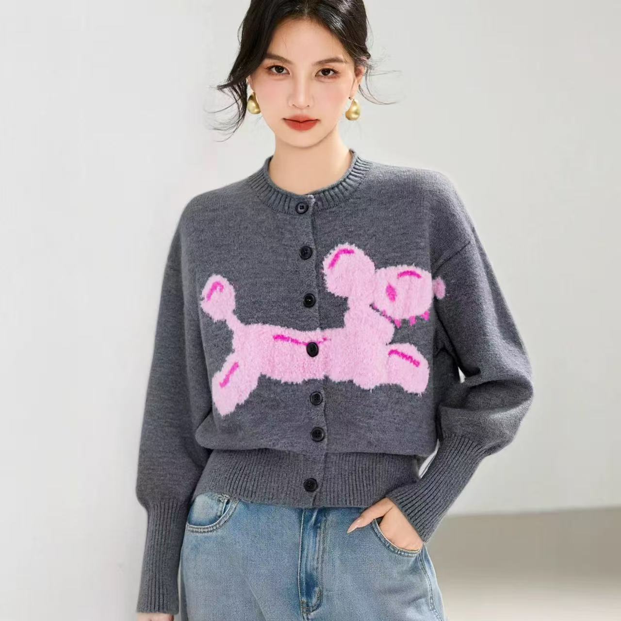 11604/圆领气球狗刺绣开衫毛衣-pml-11.18