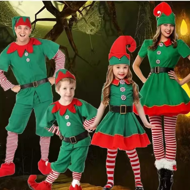 圣诞节服装儿童圣诞精灵cosplay服男女童成人绿精灵圣诞舞会派对