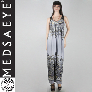 巴黎风经典素雅灰渐变藤萝花色连身吊带长裙