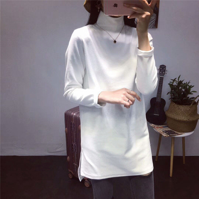 韩版冬季宽松高领打底衫女秋冬加厚纯棉磨毛中长款长袖t恤上衣
