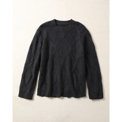 TANG TOWN 时髦个性不规则菱格纹破损设计 纯羊绒宽松针织衫/毛衣