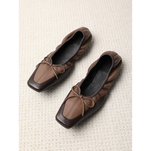 TANG TOWN 软芭蕾~法式方头浅口蝴蝶结云朵羊皮拼色平底单鞋 春夏