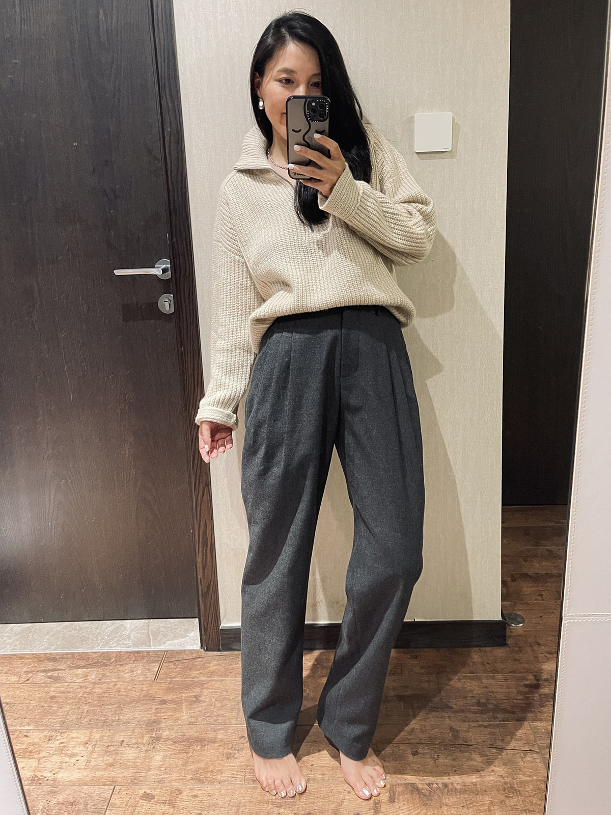 TANG TOWN 灰色斜纹羊毛西装裤女休闲舒适保暖百搭