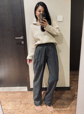 TANG TOWN 灰色斜纹羊毛西装裤女休闲舒适保暖百搭