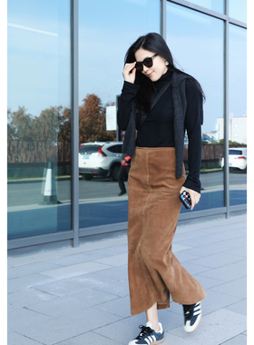 TANG TOWN自制时髦精B入软糯透气柔韧羊反绒麂皮極简复古中长半裙